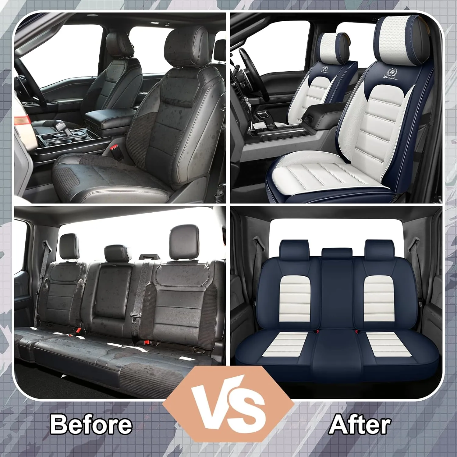 Full Set Car Seat Covers for Chevy Silverado 1500/2500/3500 LT WT LTZ RST Custom Trail High Country Seat Covers 2008-2025, Leather Seat Protectors(Standard 5 Seats/Black&White)