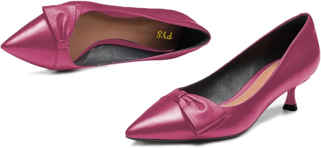 FYS Women Classic Closed Pointed Toe Low Kitten Heel Pumps with Bow Slip on Dress Office Work Daily Shoes Size 4-15 US
