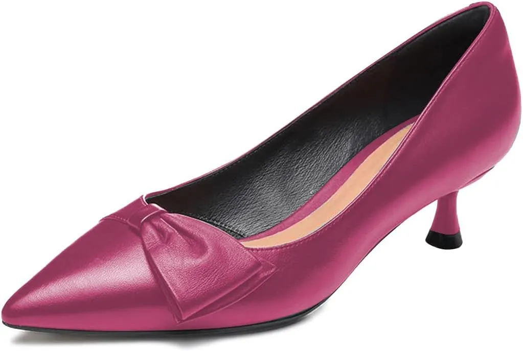 FYS Women Classic Closed Pointed Toe Low Kitten Heel Pumps with Bow Slip on Dress Office Work Daily Shoes Size 4-15 US