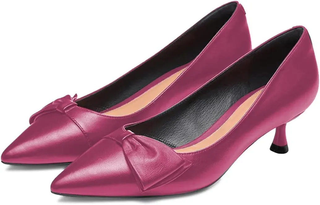FYS Women Classic Closed Pointed Toe Low Kitten Heel Pumps with Bow Slip on Dress Office Work Daily Shoes Size 4-15 US