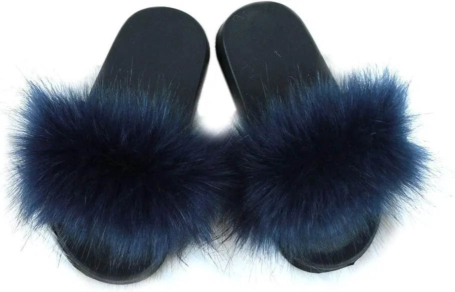 Girls Plush Faux Fur Slippers Fluffy Slip On Summer Open Toe Furry Slides Lovely House Indoor Outdoor Sandals