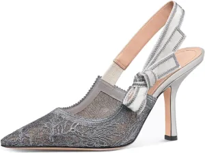 Goolita Pointed Closed Toe Pearl Slingback Heels for Women, Mesh Bow Evening Pump Stiletto High Heels Backless Party Bridal Shoes for Wedding