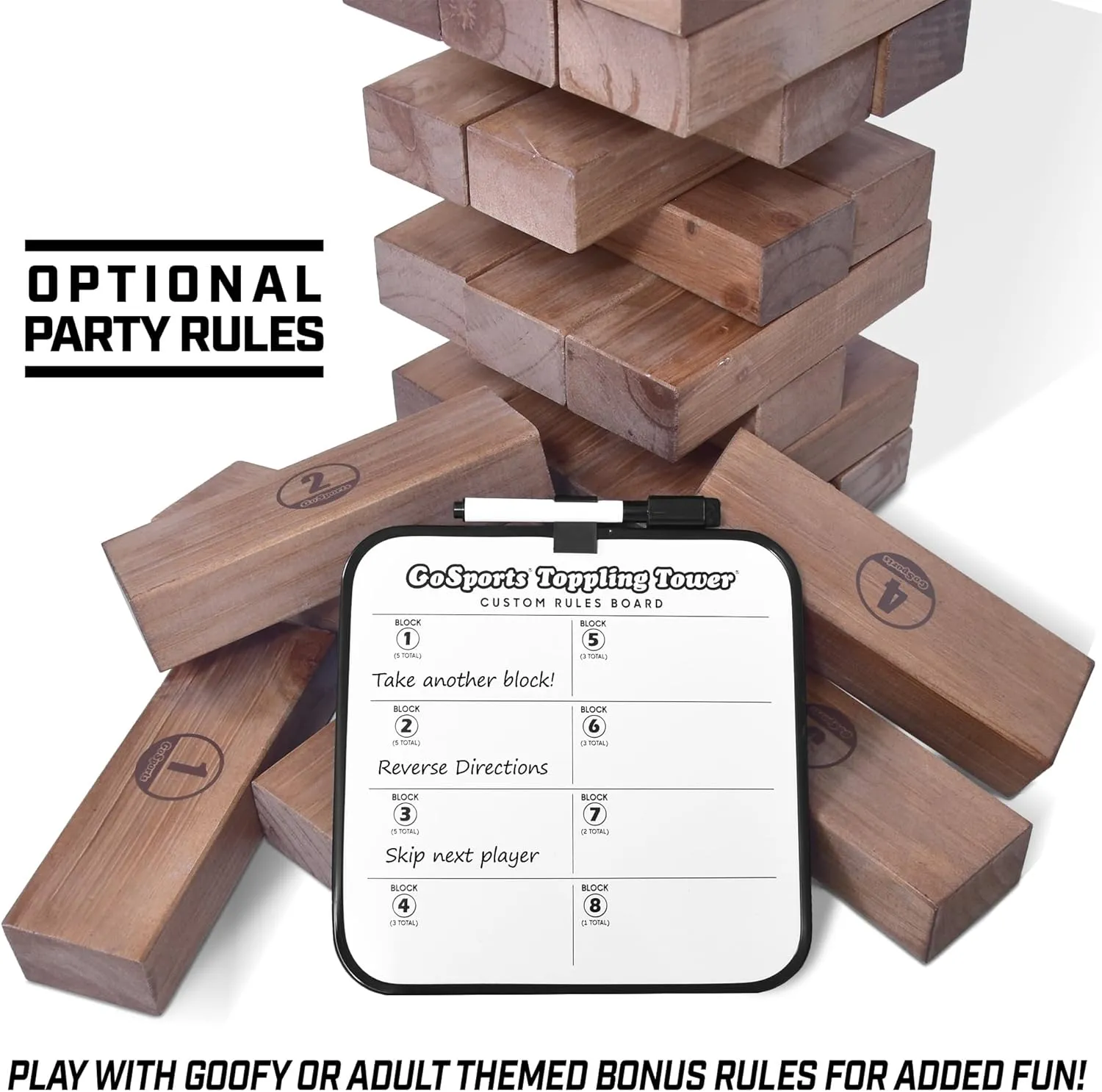 GoSports Giant Wooden Stacking Game - Stacks Up to 5 ft - Choose Brown Wood Stain, Gray, Natural, Stars & Stripes, or Tropical Hardwood - Toppling Tower