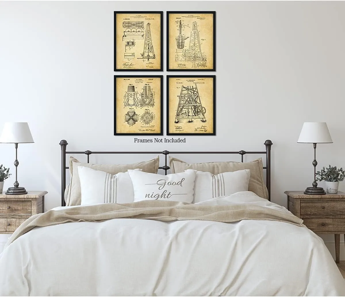 Govivo Oil Rig Patent - A Set of Four Oil Drilling Patents Wall Art Decor Prints with sepia backgrounds - unframed artwork printed on photograph paper