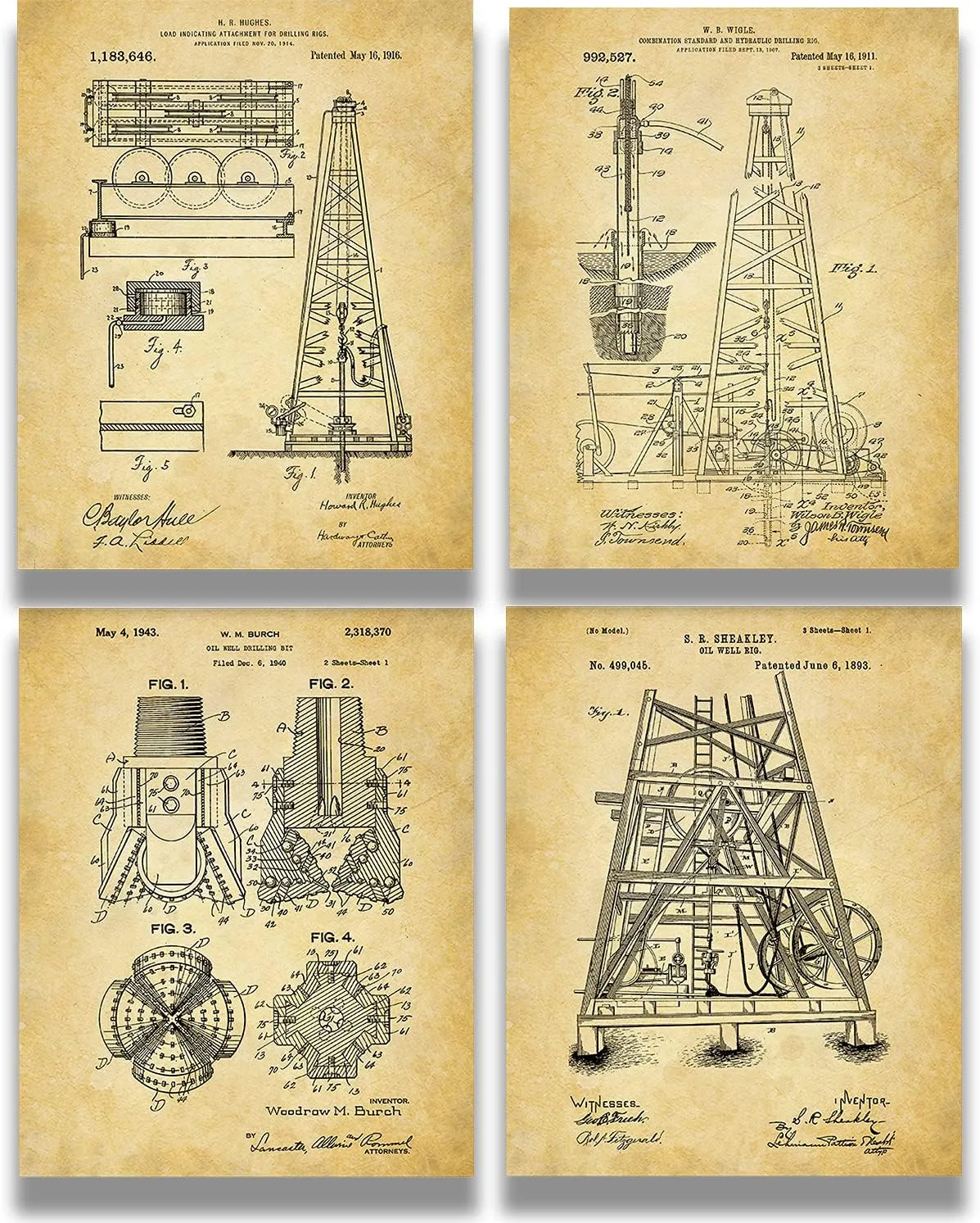 Govivo Oil Rig Patent - A Set of Four Oil Drilling Patents Wall Art Decor Prints with sepia backgrounds - unframed artwork printed on photograph paper