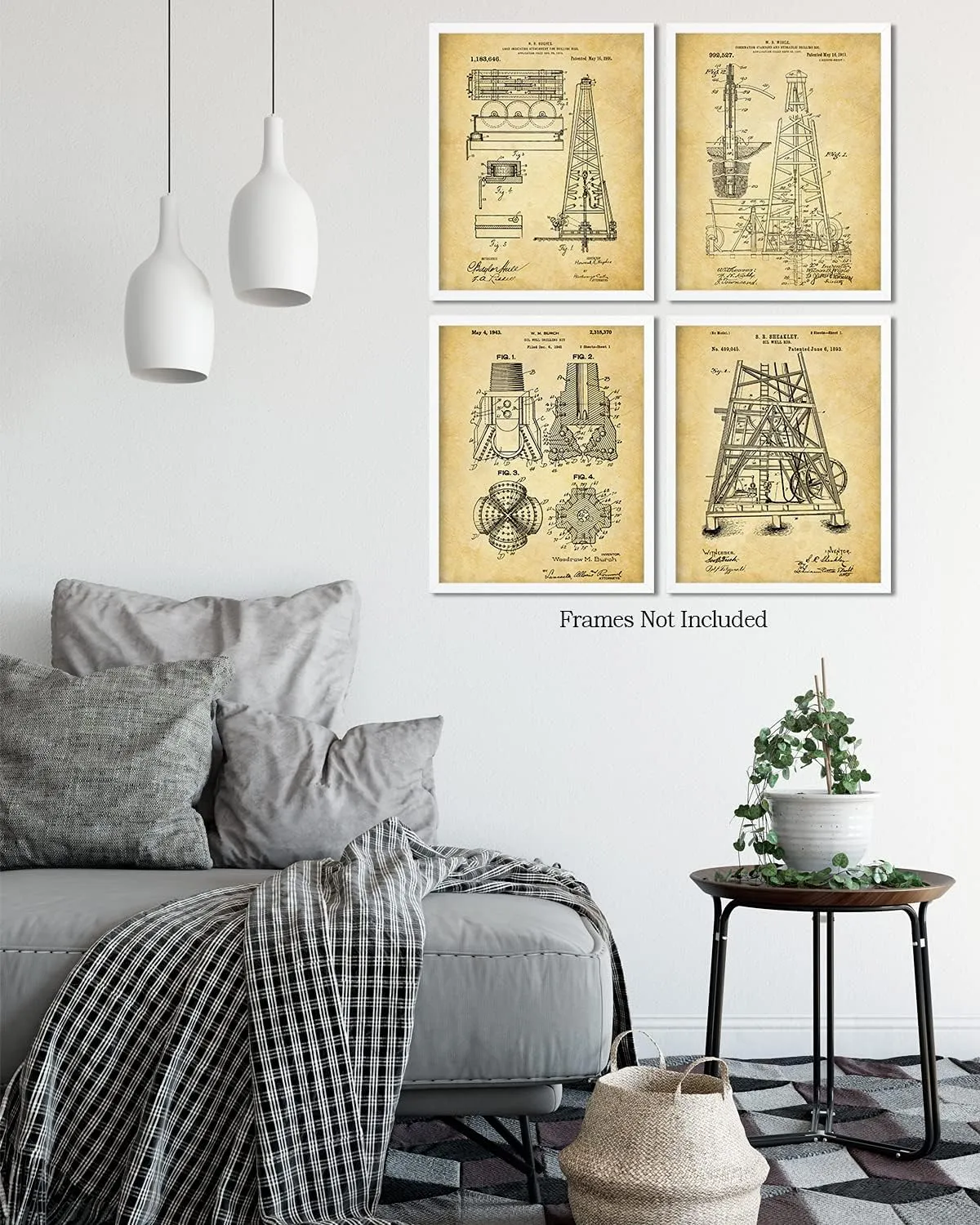 Govivo Oil Rig Patent - A Set of Four Oil Drilling Patents Wall Art Decor Prints with sepia backgrounds - unframed artwork printed on photograph paper