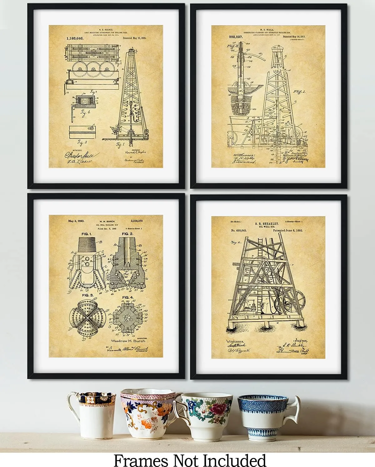 Govivo Oil Rig Patent - A Set of Four Oil Drilling Patents Wall Art Decor Prints with sepia backgrounds - unframed artwork printed on photograph paper