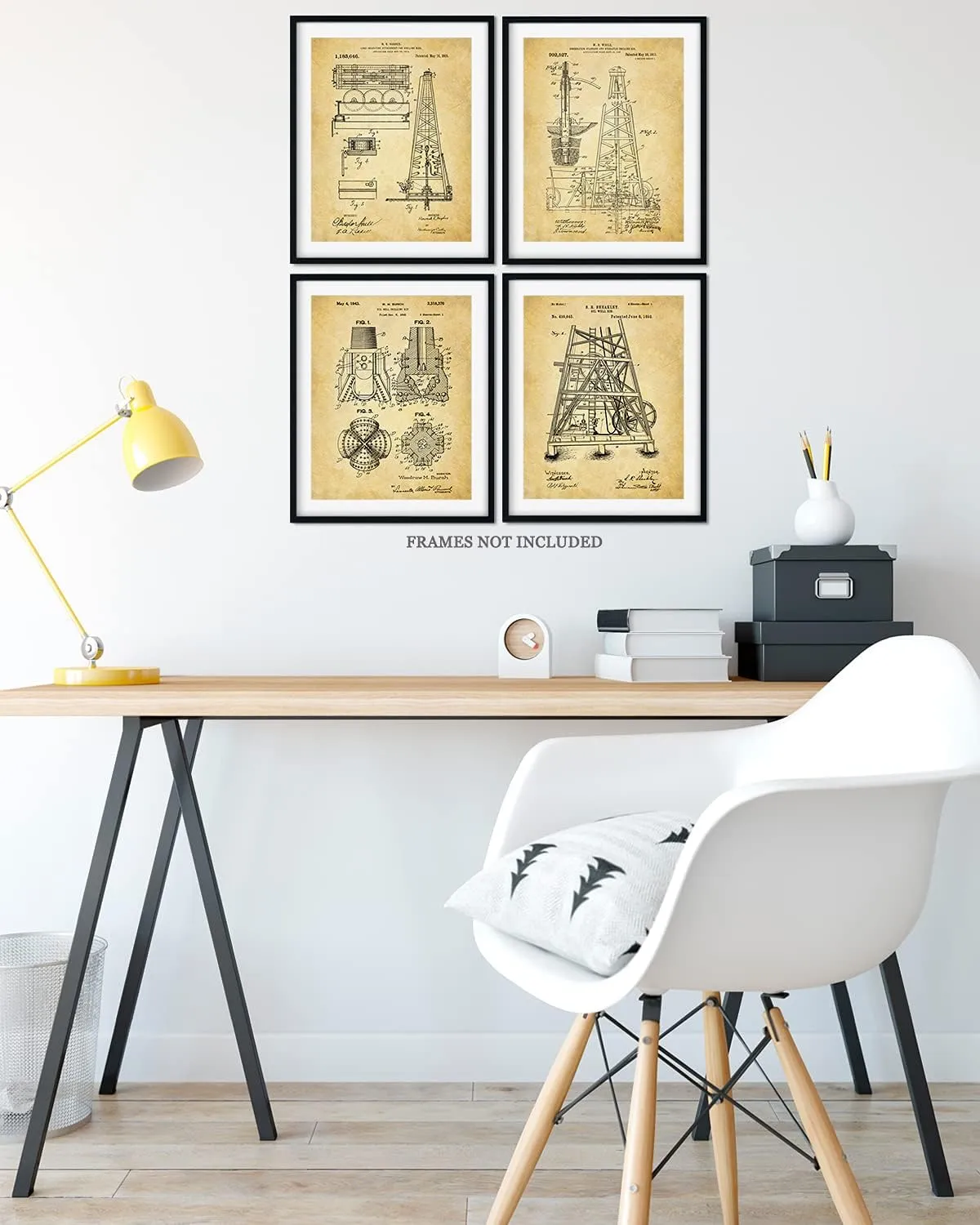 Govivo Oil Rig Patent - A Set of Four Oil Drilling Patents Wall Art Decor Prints with sepia backgrounds - unframed artwork printed on photograph paper