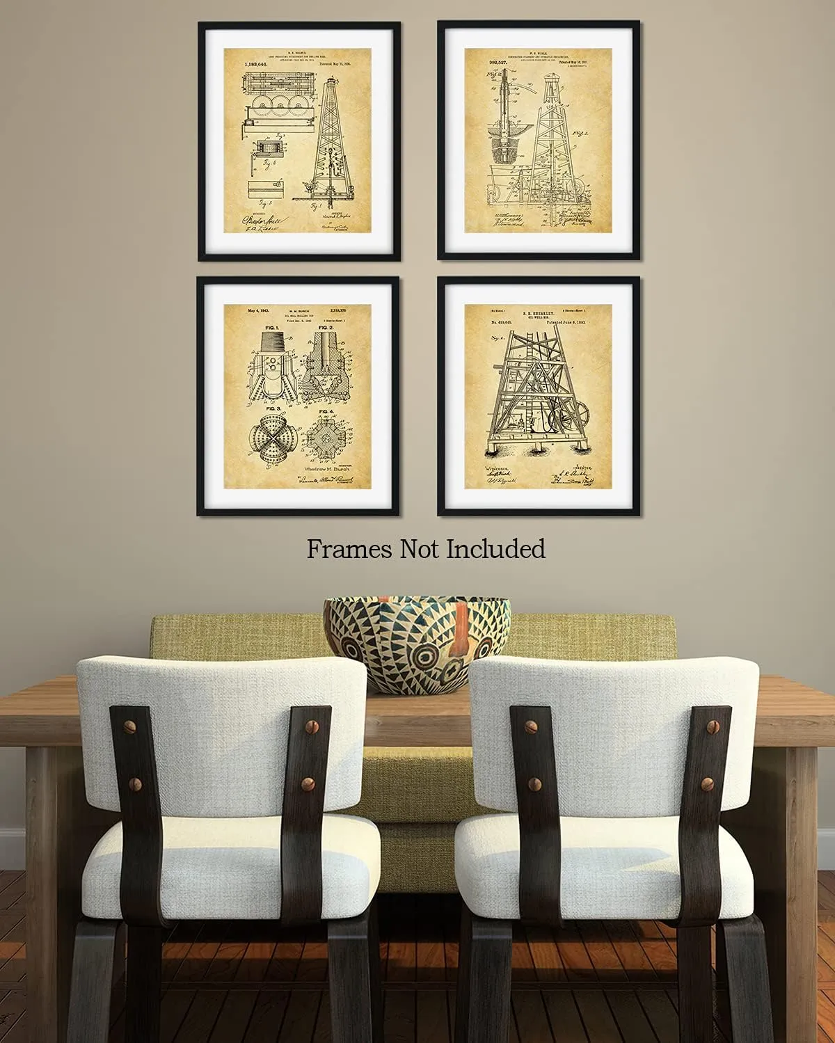 Govivo Oil Rig Patent - A Set of Four Oil Drilling Patents Wall Art Decor Prints with sepia backgrounds - unframed artwork printed on photograph paper