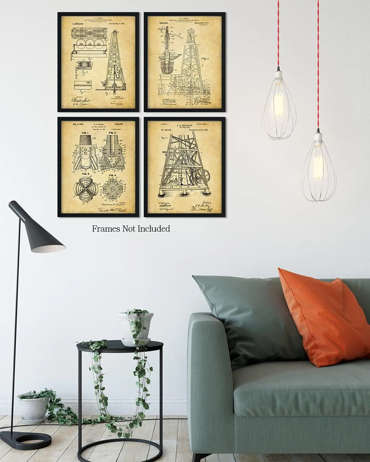 Govivo Oil Rig Patent - A Set of Four Oil Drilling Patents Wall Art Decor Prints with sepia backgrounds - unframed artwork printed on photograph paper