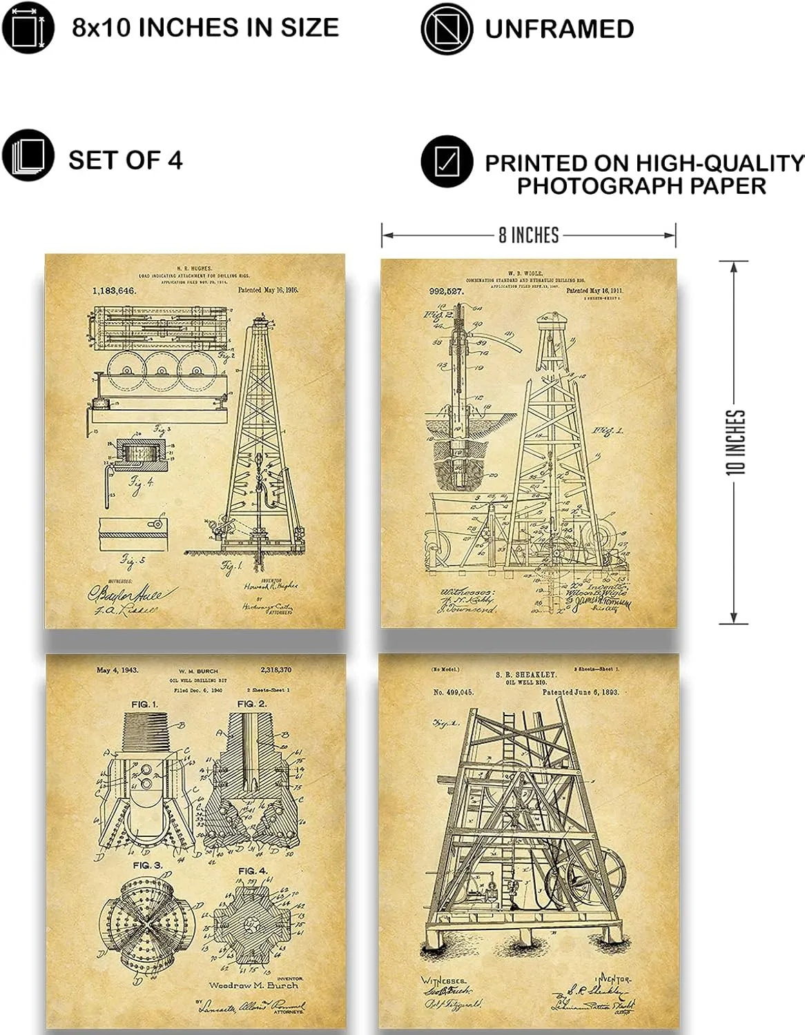 Govivo Oil Rig Patent - A Set of Four Oil Drilling Patents Wall Art Decor Prints with sepia backgrounds - unframed artwork printed on photograph paper