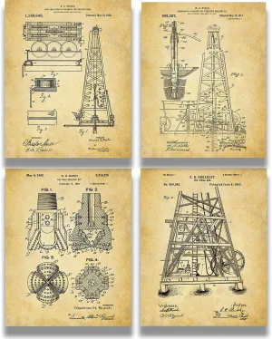 Govivo Oil Rig Patent - A Set of Four Oil Drilling Patents Wall Art Decor Prints with sepia backgrounds - unframed artwork printed on photograph paper