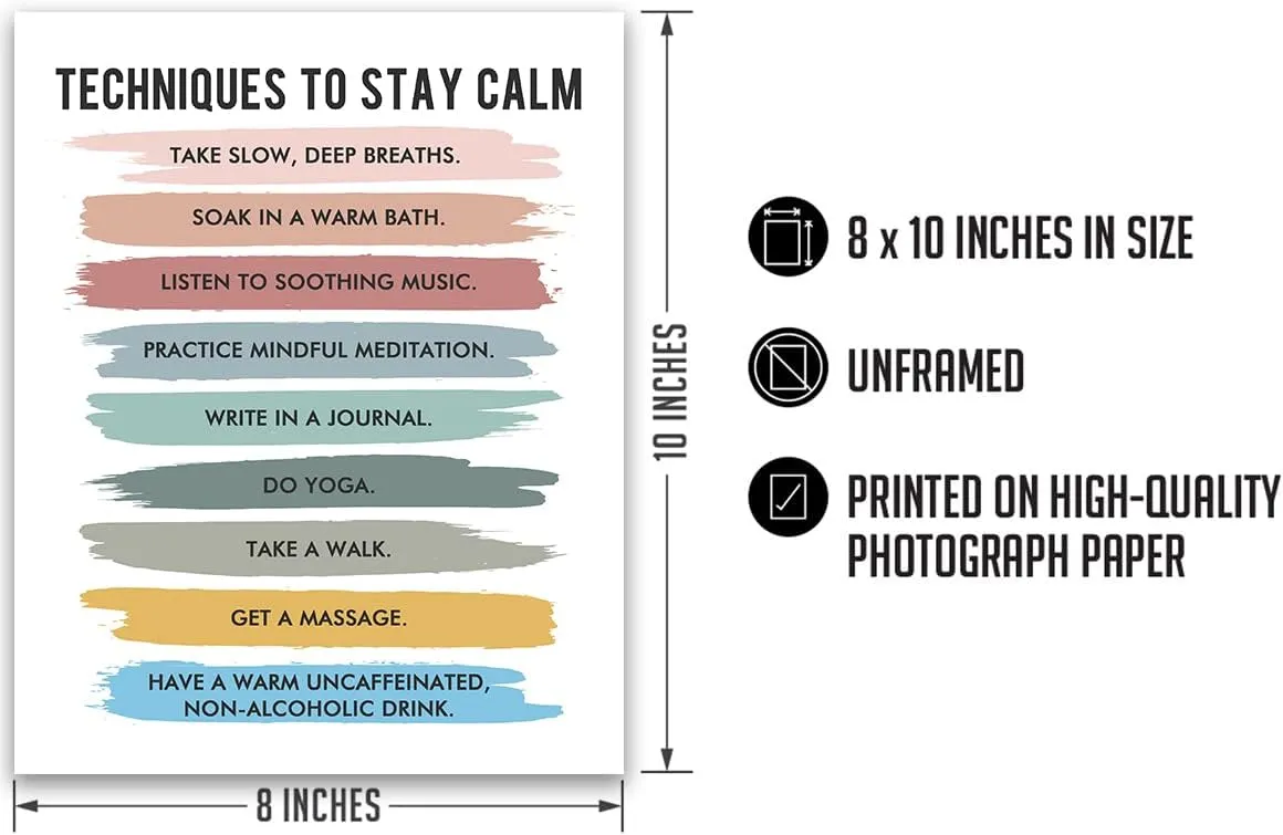Govivo Techniques to Stay Calm - Wall Decor for Therapy Office - Mindfulness Wall Decor - Counseling Office - Mental Health Wall Art - School Psychologist, Therapist Wall Art - 8x10 unframed print