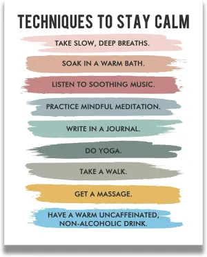 Govivo Techniques to Stay Calm - Wall Decor for Therapy Office - Mindfulness Wall Decor - Counseling Office - Mental Health Wall Art - School Psychologist, Therapist Wall Art - 8x10 unframed print