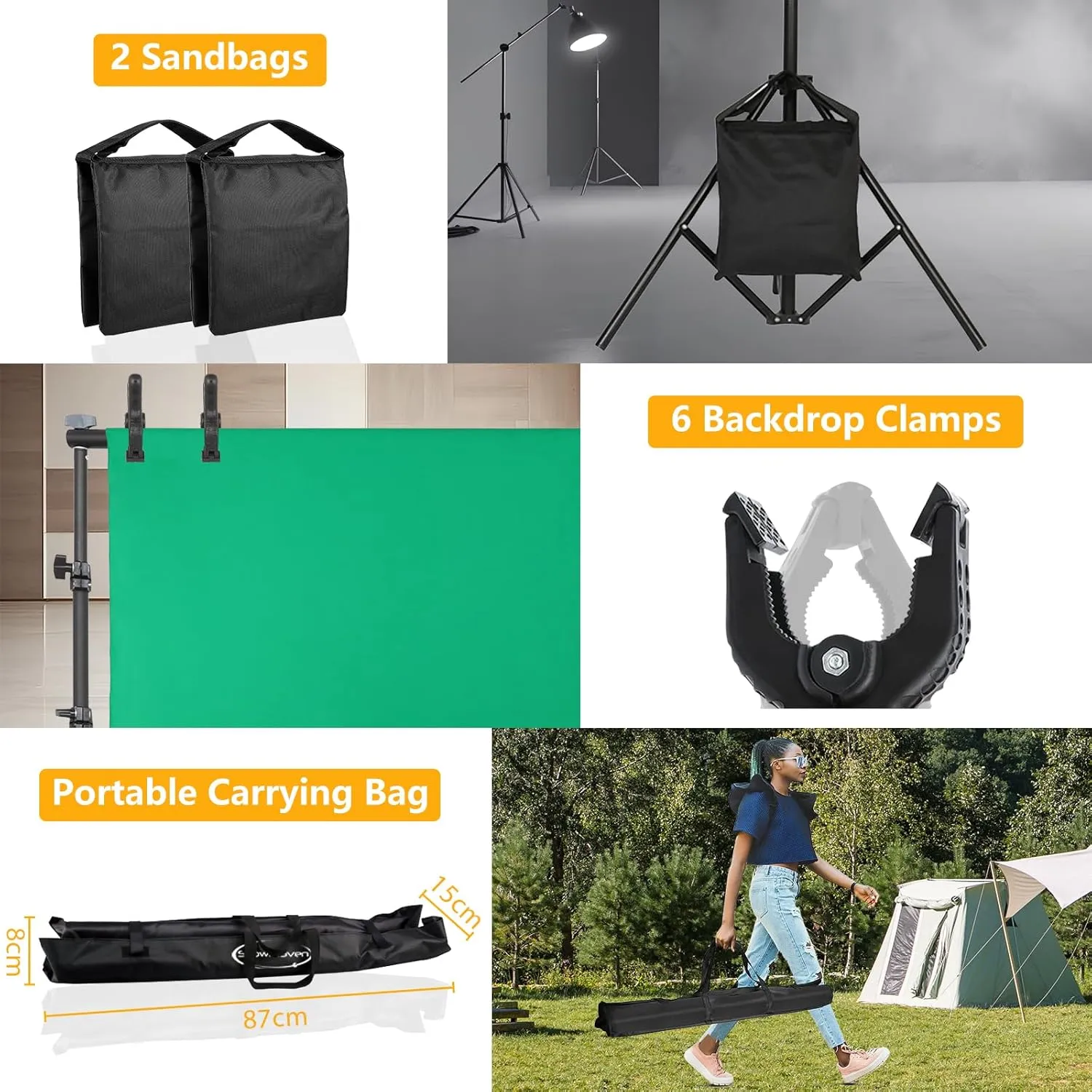 Green Screen Backdrop with Stand, 5x6.5ft Adjustable Photo Backdrop Stand with Flat Base, 4 Clamps and Backdrop for Meeting, Photography, Parties (5x8.5ft)