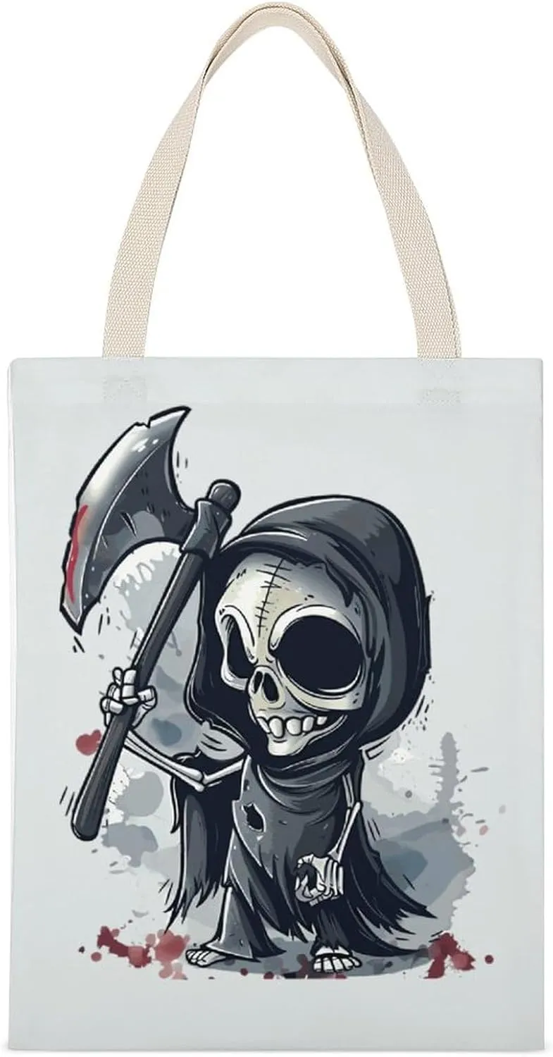 Grim Reaper Death Printed Canvas Tote Bags Shoulder Bag Reusable Grocery Shopping Handbag DIY Gifts 14"x18"