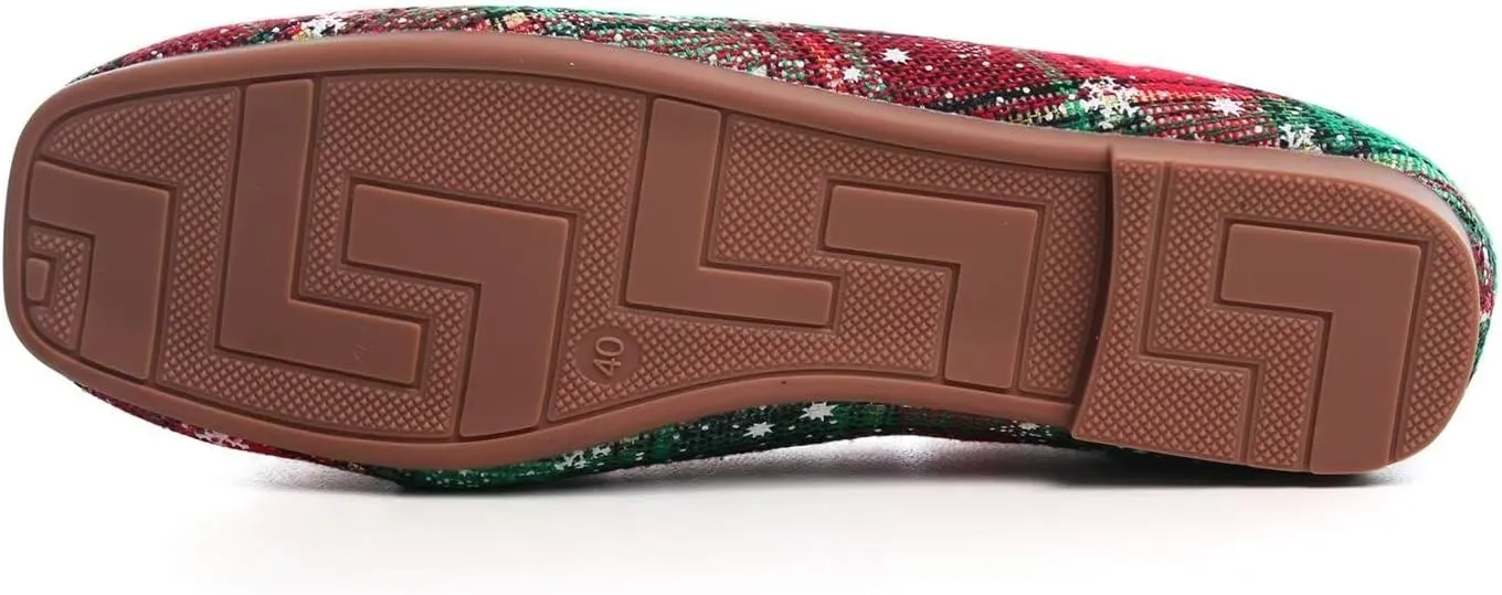 Hee grand Christmas Shoes for Women Pointed Toe Plaid Snowflake Flat Shoes Comfortable Slip on Flats Red/Green Shoes for Christmas