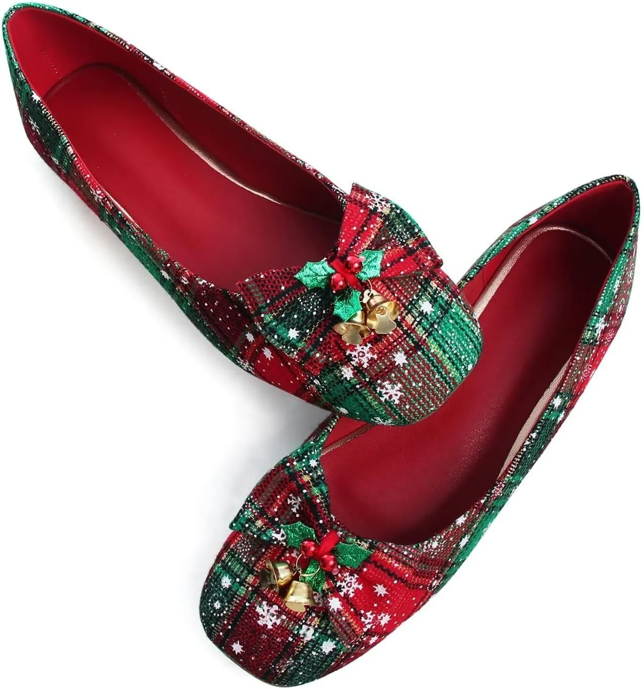 Hee grand Christmas Shoes for Women Pointed Toe Plaid Snowflake Flat Shoes Comfortable Slip on Flats Red/Green Shoes for Christmas