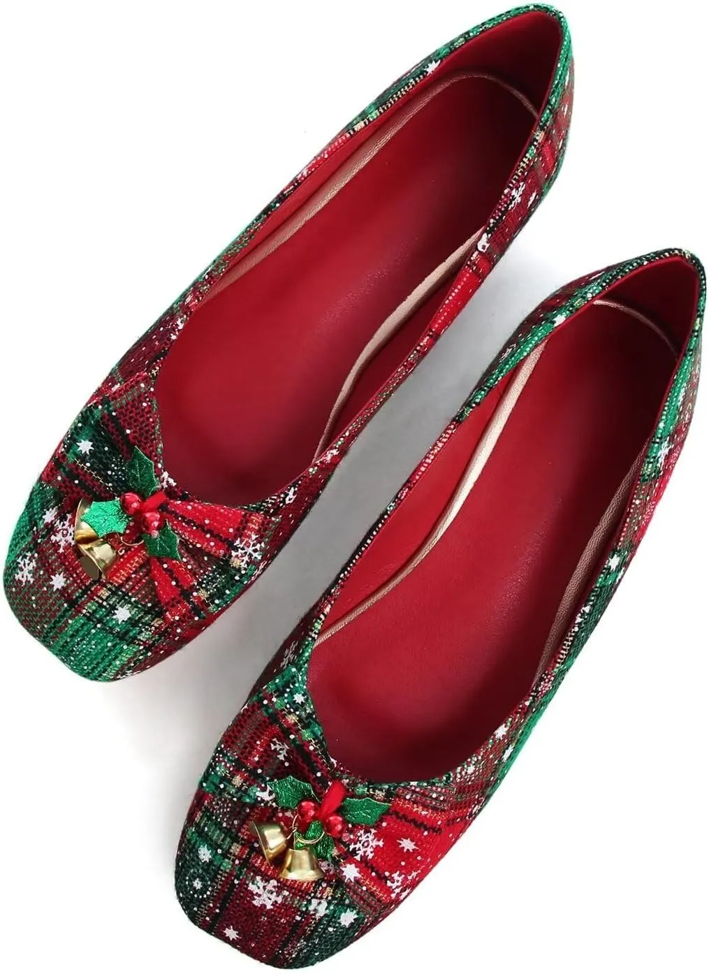 Hee grand Christmas Shoes for Women Pointed Toe Plaid Snowflake Flat Shoes Comfortable Slip on Flats Red/Green Shoes for Christmas