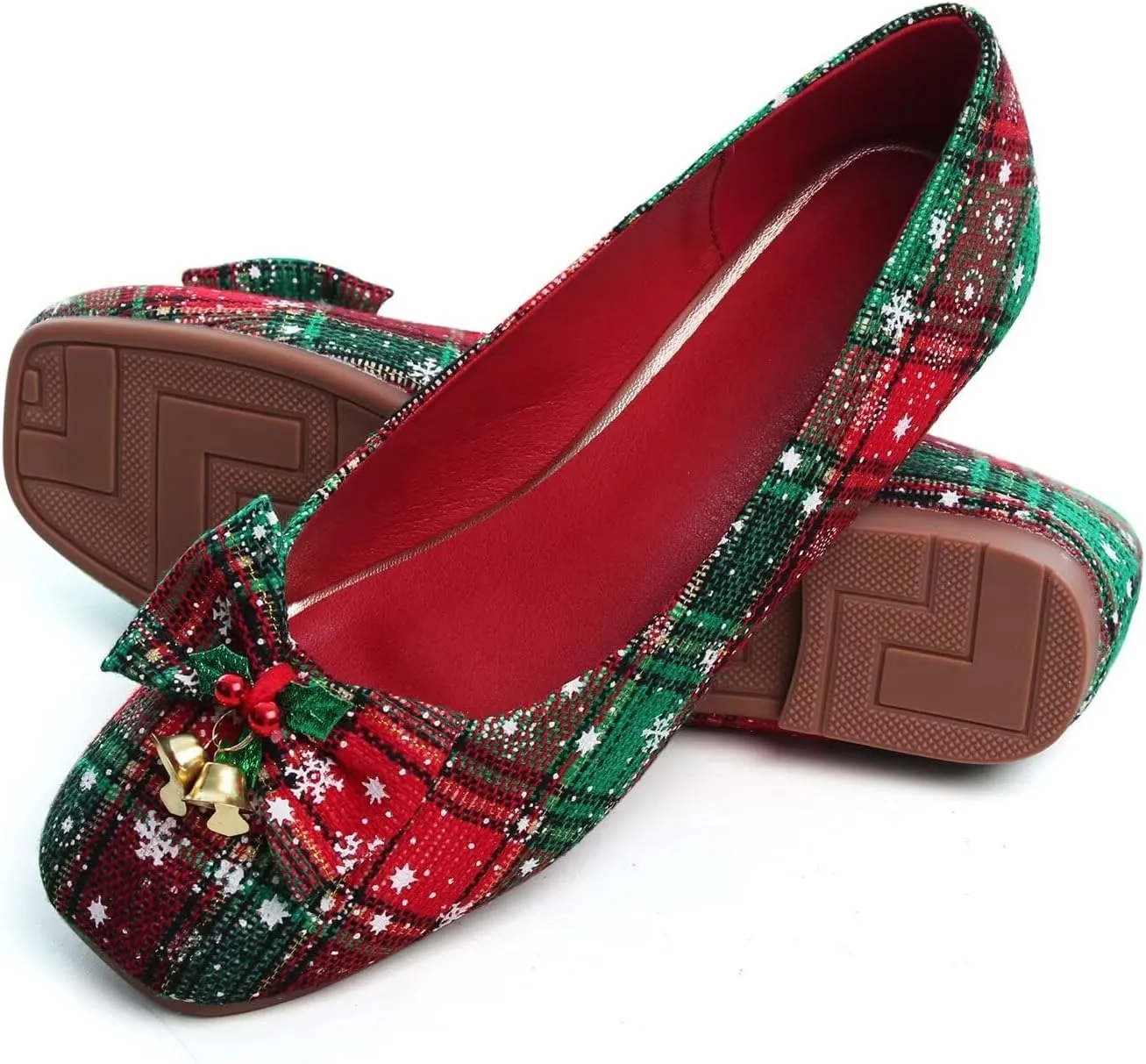 Hee grand Christmas Shoes for Women Pointed Toe Plaid Snowflake Flat Shoes Comfortable Slip on Flats Red/Green Shoes for Christmas