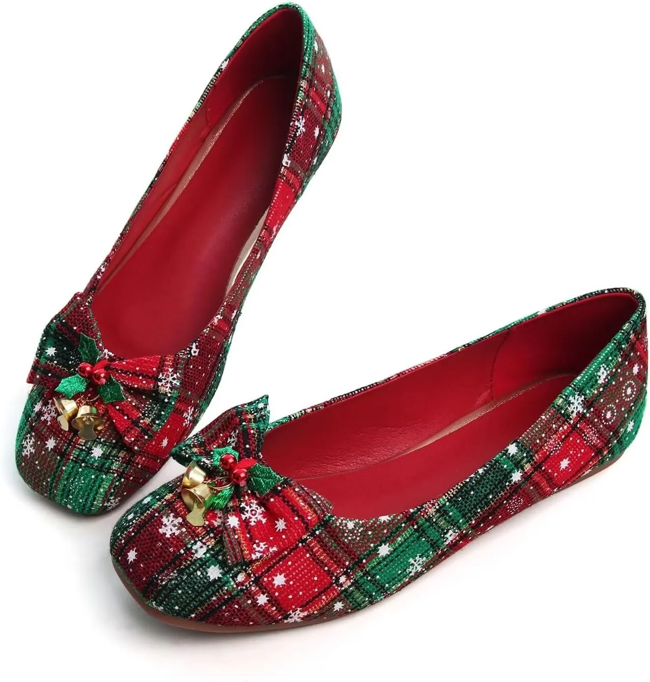 Hee grand Christmas Shoes for Women Pointed Toe Plaid Snowflake Flat Shoes Comfortable Slip on Flats Red/Green Shoes for Christmas