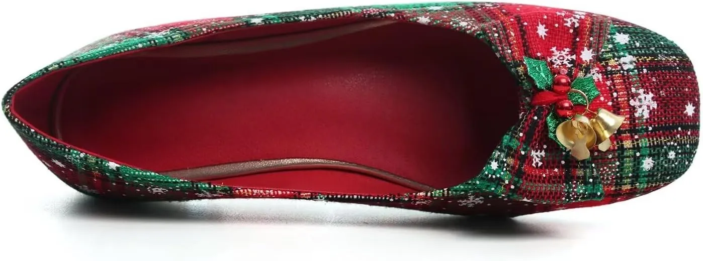 Hee grand Christmas Shoes for Women Pointed Toe Plaid Snowflake Flat Shoes Comfortable Slip on Flats Red/Green Shoes for Christmas