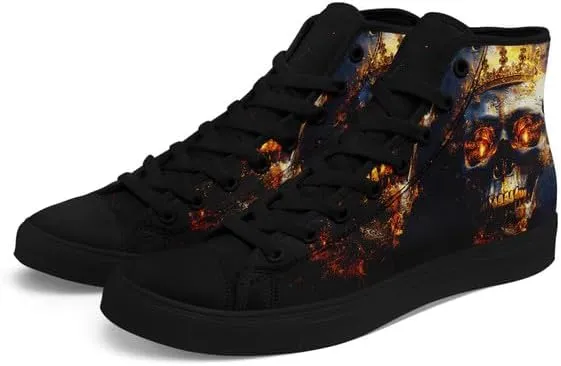High-top Skull Canvas Sneaker for Men Women Lace up Fashion Unisex Flame Walking Casual Flat Shoes Black White Shoes