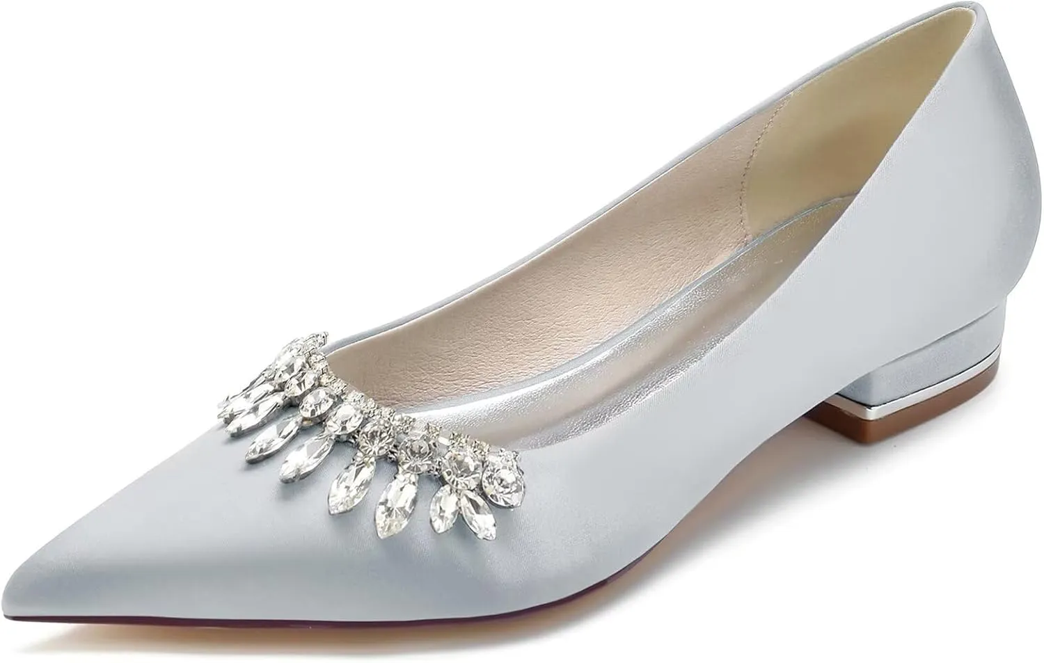 HNVAVQ Women's Pointed Toe Wedding Flats for Bride Comfortable Satin Wedding Shoes Slip on Low Heels Bridal Flats Evening Prom Party Dress Shoes Pumps Sandals with Rhinestones,2.5cm