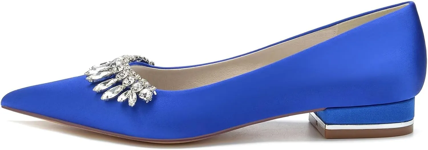 HNVAVQ Women's Pointed Toe Wedding Flats for Bride Comfortable Satin Wedding Shoes Slip on Low Heels Bridal Flats Evening Prom Party Dress Shoes Pumps Sandals with Rhinestones,2.5cm