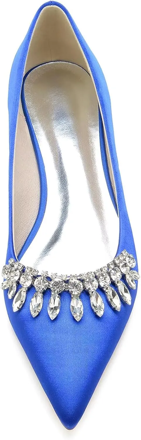 HNVAVQ Women's Pointed Toe Wedding Flats for Bride Comfortable Satin Wedding Shoes Slip on Low Heels Bridal Flats Evening Prom Party Dress Shoes Pumps Sandals with Rhinestones,2.5cm