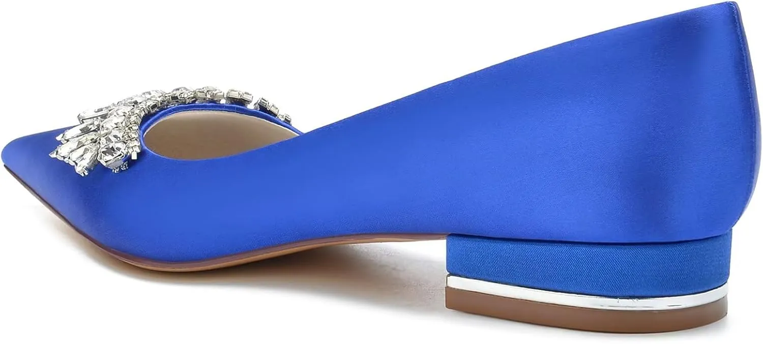 HNVAVQ Women's Pointed Toe Wedding Flats for Bride Comfortable Satin Wedding Shoes Slip on Low Heels Bridal Flats Evening Prom Party Dress Shoes Pumps Sandals with Rhinestones,2.5cm