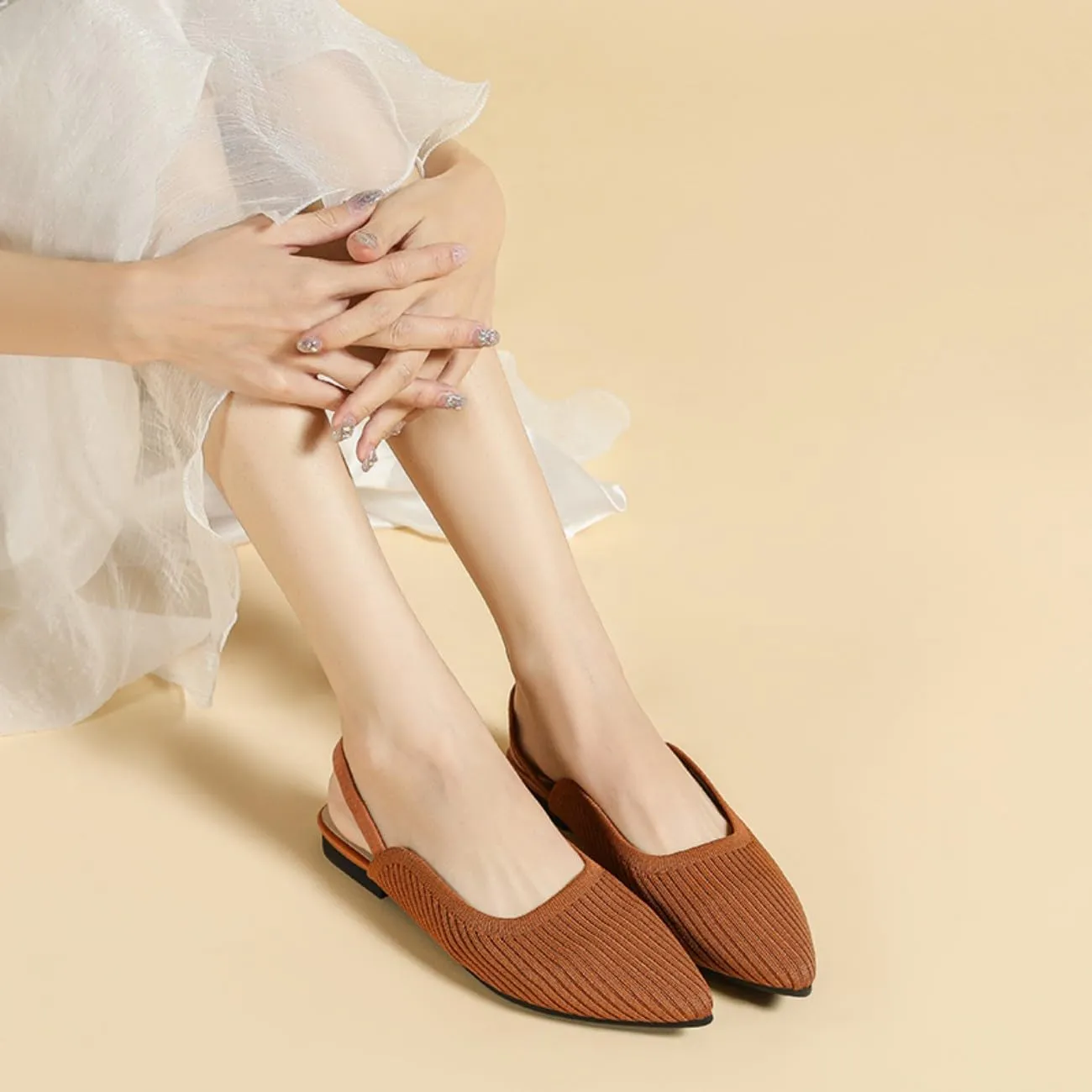 HROYL Slingback Flats for Women Pointed Toe Ballet Flats Shoes Women Dressy Comfortable Slip On Knit Flat Model XTZ-BT6