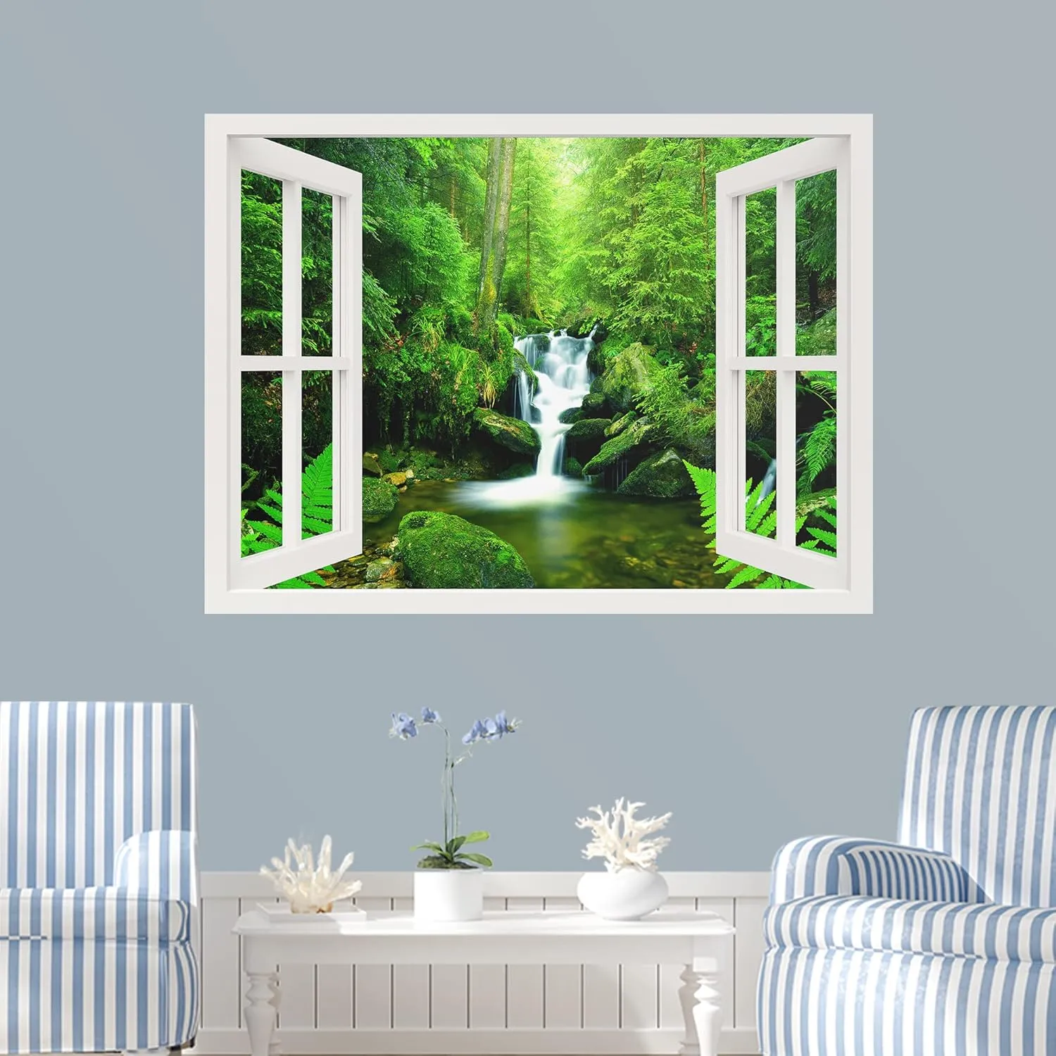 IDEA4WALL Removable Wall Sticker/Wall Mural Vibrant Green Jungle Waterfall Lake Nature Wilderness Photography Modern Art Rustic Landscape Colorful for Living Room, Bedroom, Office - 36"x48"