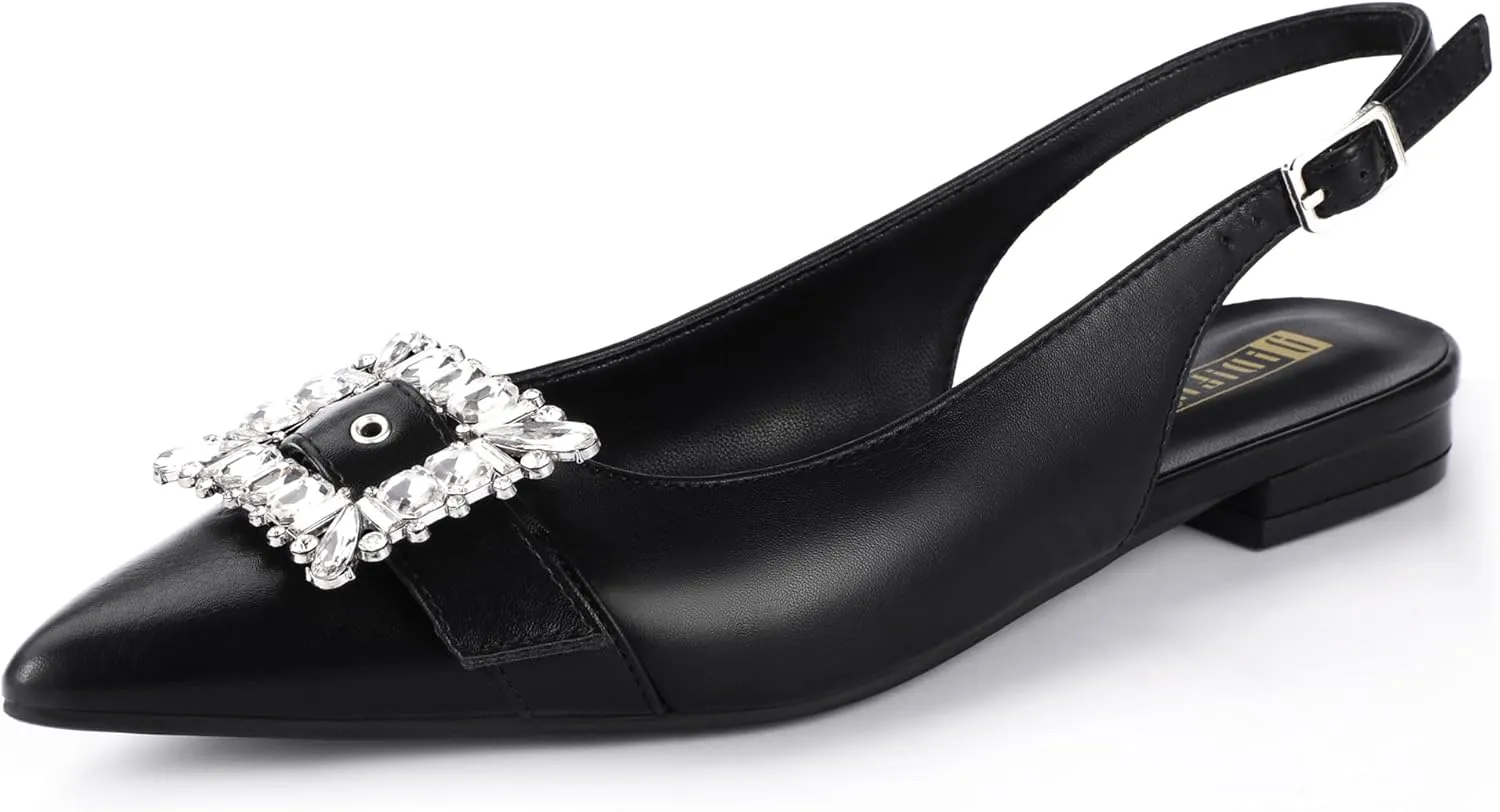 IDIFU Slingback Flats for Women Pointed Toe Rhinestone Buckle Flats for Women Dressy Casual Fashion Comfortable Sexy Work Office Daily Wedding Party Bridal Dress Shoes for Women