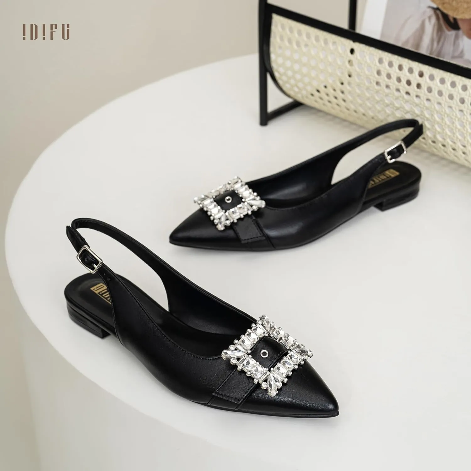 IDIFU Slingback Flats for Women Pointed Toe Rhinestone Buckle Flats for Women Dressy Casual Fashion Comfortable Sexy Work Office Daily Wedding Party Bridal Dress Shoes for Women