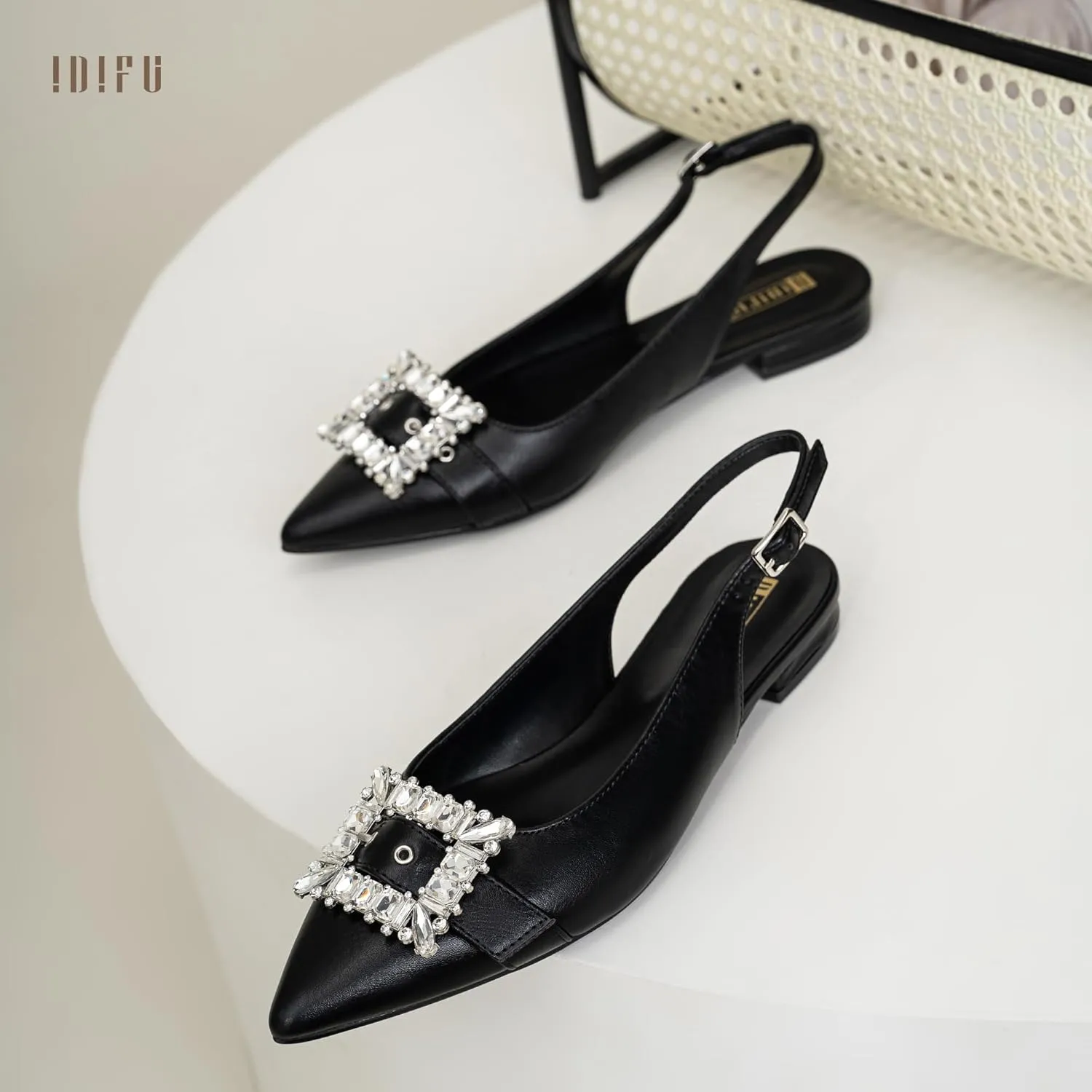 IDIFU Slingback Flats for Women Pointed Toe Rhinestone Buckle Flats for Women Dressy Casual Fashion Comfortable Sexy Work Office Daily Wedding Party Bridal Dress Shoes for Women