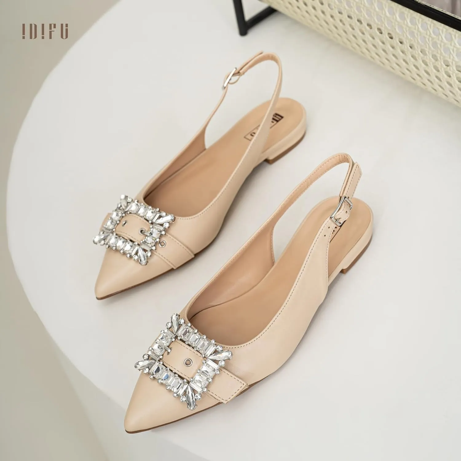 IDIFU Slingback Flats for Women Pointed Toe Rhinestone Buckle Flats for Women Dressy Casual Fashion Comfortable Sexy Work Office Daily Wedding Party Bridal Dress Shoes for Women