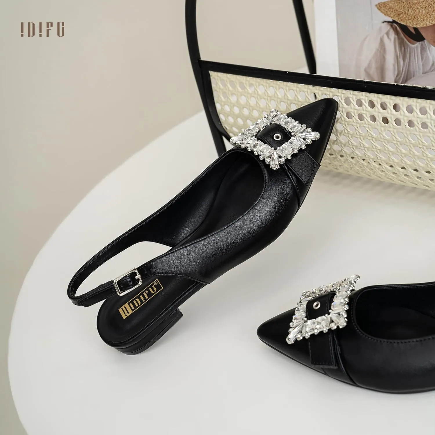 IDIFU Slingback Flats for Women Pointed Toe Rhinestone Buckle Flats for Women Dressy Casual Fashion Comfortable Sexy Work Office Daily Wedding Party Bridal Dress Shoes for Women