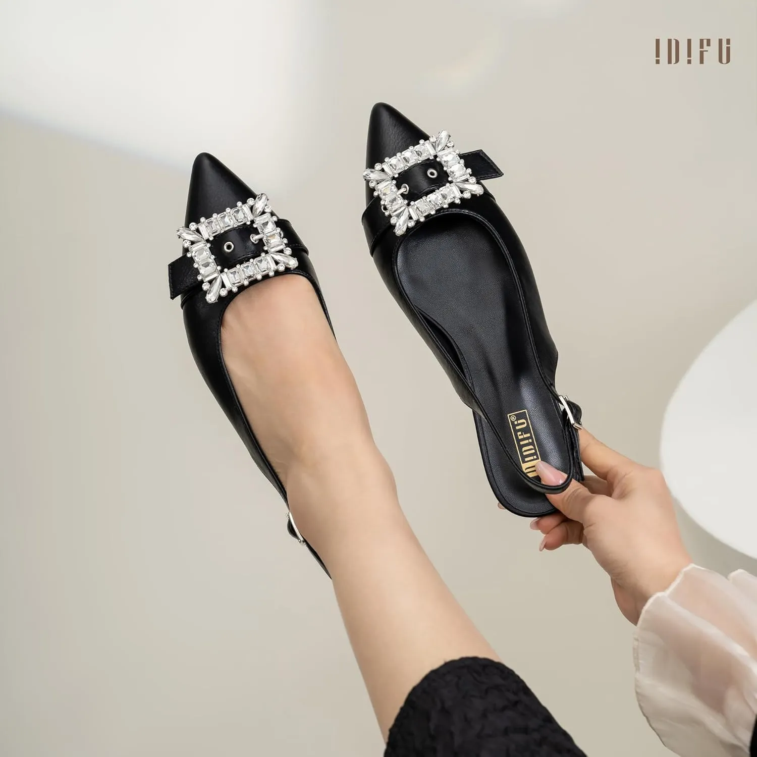 IDIFU Slingback Flats for Women Pointed Toe Rhinestone Buckle Flats for Women Dressy Casual Fashion Comfortable Sexy Work Office Daily Wedding Party Bridal Dress Shoes for Women