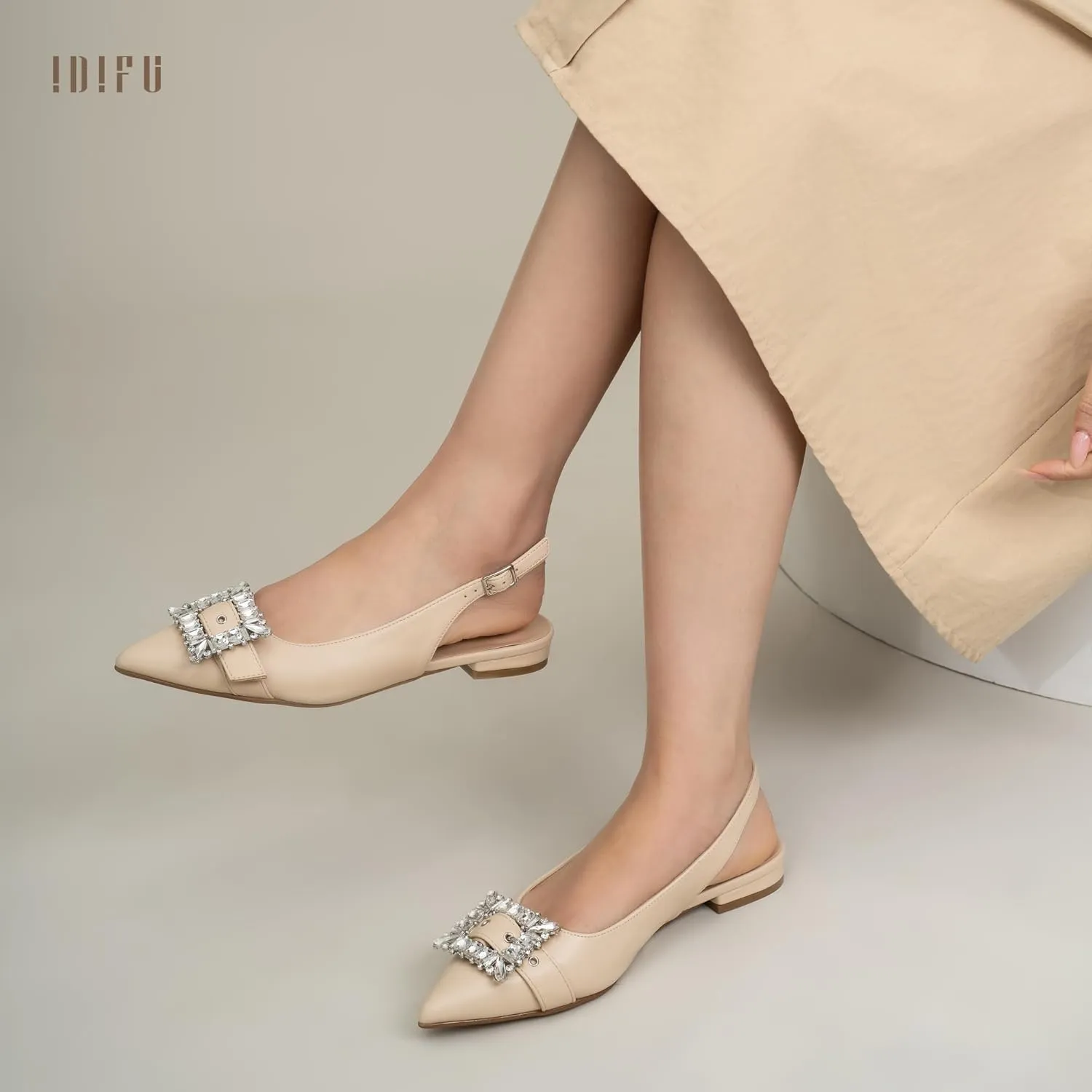 IDIFU Slingback Flats for Women Pointed Toe Rhinestone Buckle Flats for Women Dressy Casual Fashion Comfortable Sexy Work Office Daily Wedding Party Bridal Dress Shoes for Women