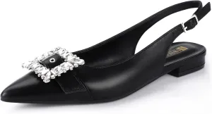 IDIFU Slingback Flats for Women Pointed Toe Rhinestone Buckle Flats for Women Dressy Casual Fashion Comfortable Sexy Work Office Daily Wedding Party Bridal Dress Shoes for Women