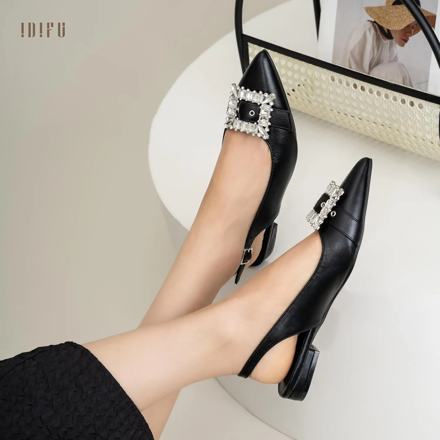 IDIFU Slingback Flats for Women Pointed Toe Rhinestone Buckle Flats for Women Dressy Casual Fashion Comfortable Sexy Work Office Daily Wedding Party Bridal Dress Shoes for Women