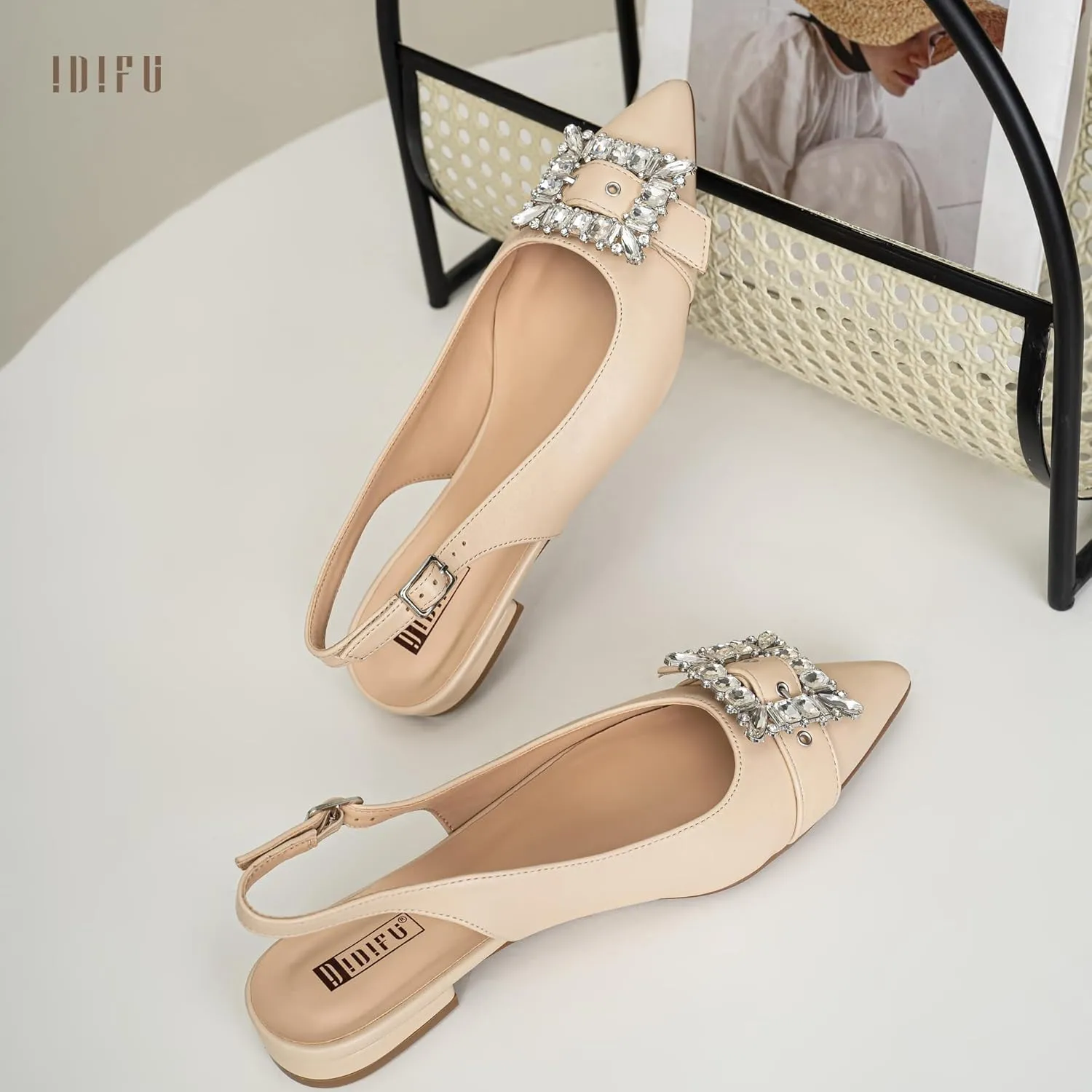 IDIFU Slingback Flats for Women Pointed Toe Rhinestone Buckle Flats for Women Dressy Casual Fashion Comfortable Sexy Work Office Daily Wedding Party Bridal Dress Shoes for Women