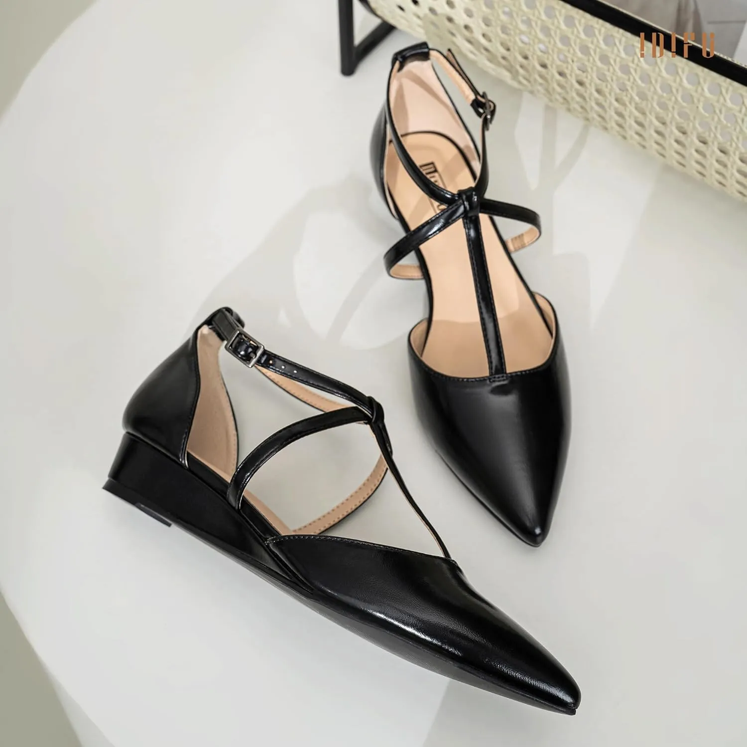 IDIFU Strappy Flat Shoes Pointed Closed Toe Dress Shoes for Women Buckle Ankle T Strap Wedge Flats Wedding Bride Bridal Guest Business Casual Office Prom Dressy Comfortable Formal Women's Flats Shoes