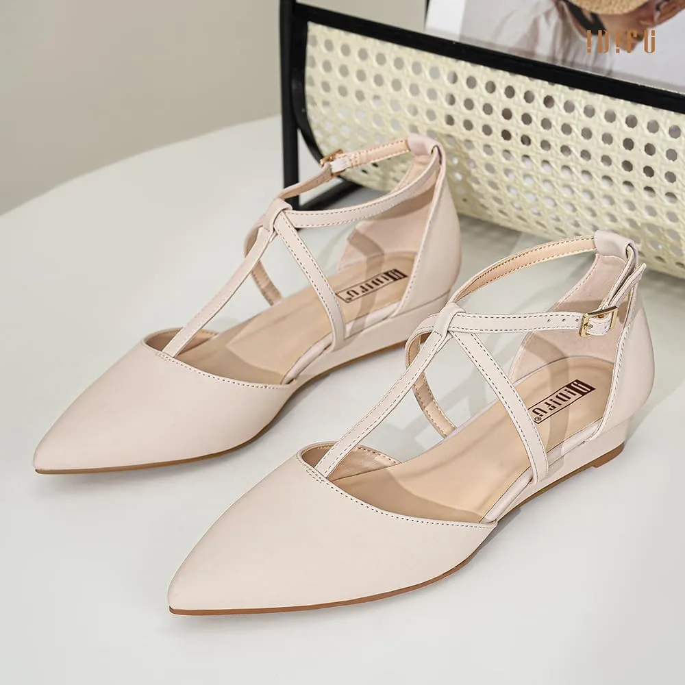 IDIFU Strappy Flat Shoes Pointed Closed Toe Dress Shoes for Women Buckle Ankle T Strap Wedge Flats Wedding Bride Bridal Guest Business Casual Office Prom Dressy Comfortable Formal Women's Flats Shoes
