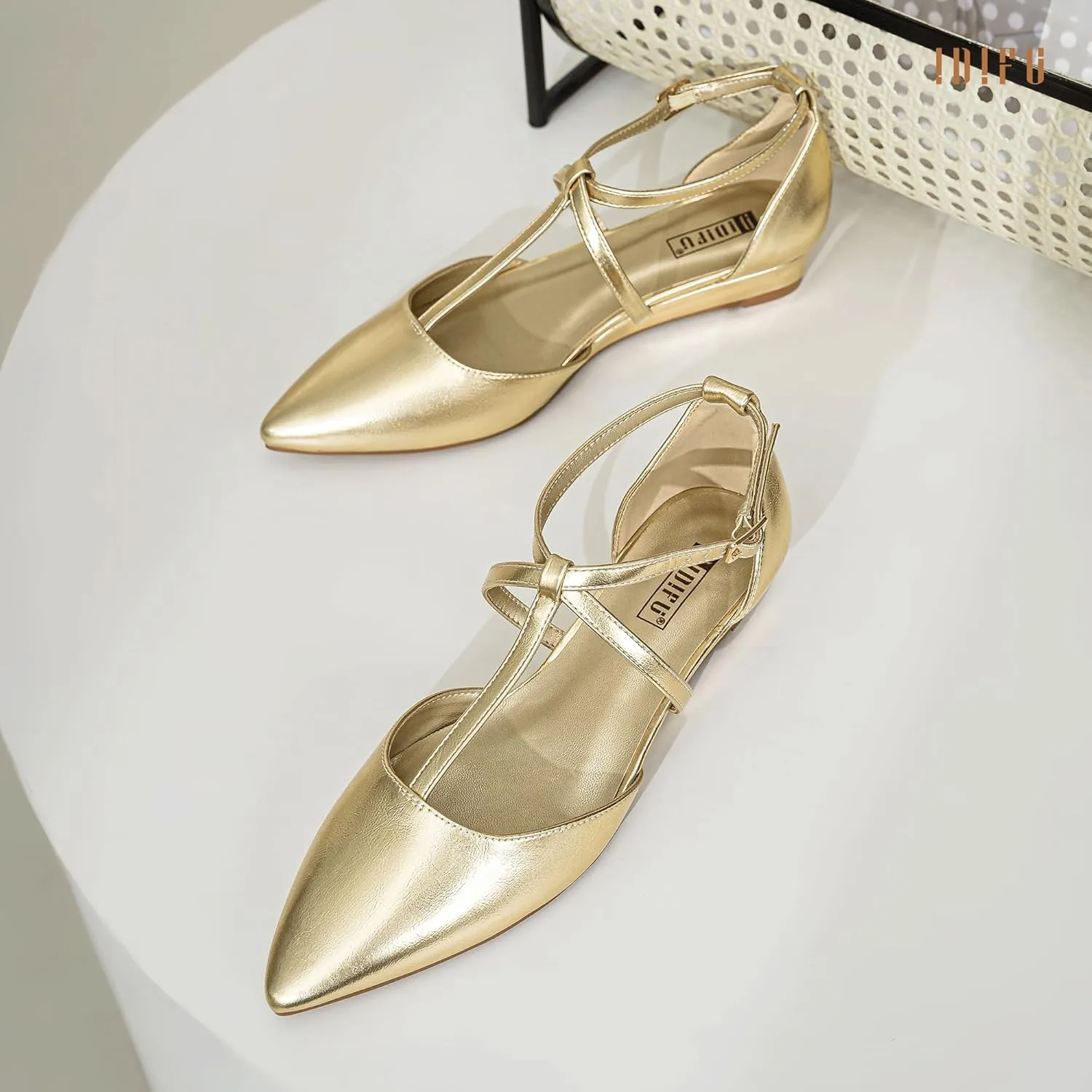 IDIFU Strappy Flat Shoes Pointed Closed Toe Dress Shoes for Women Buckle Ankle T Strap Wedge Flats Wedding Bride Bridal Guest Business Casual Office Prom Dressy Comfortable Formal Women's Flats Shoes