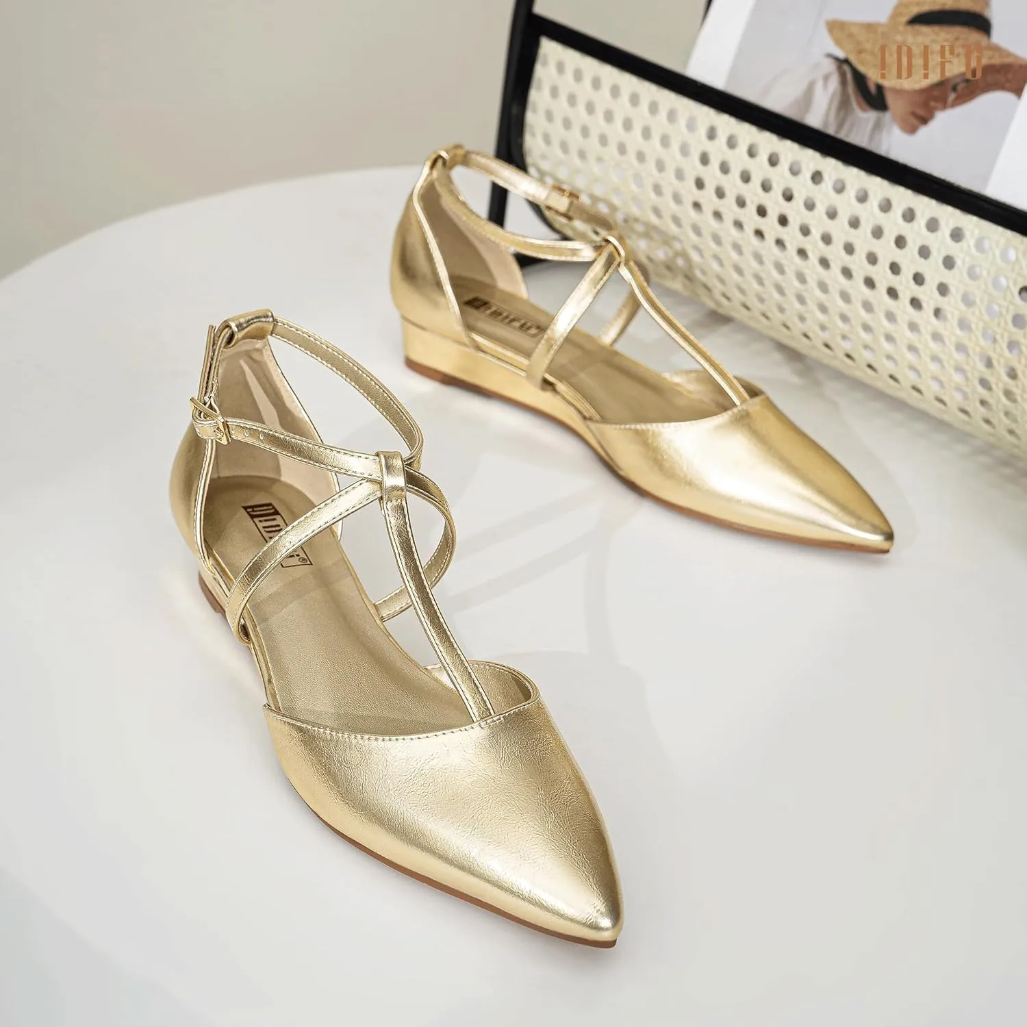 IDIFU Strappy Flat Shoes Pointed Closed Toe Dress Shoes for Women Buckle Ankle T Strap Wedge Flats Wedding Bride Bridal Guest Business Casual Office Prom Dressy Comfortable Formal Women's Flats Shoes