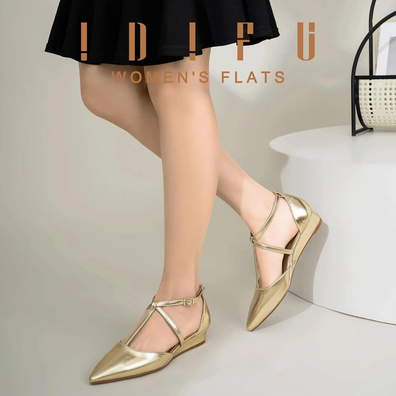 IDIFU Strappy Flat Shoes Pointed Closed Toe Dress Shoes for Women Buckle Ankle T Strap Wedge Flats Wedding Bride Bridal Guest Business Casual Office Prom Dressy Comfortable Formal Women's Flats Shoes