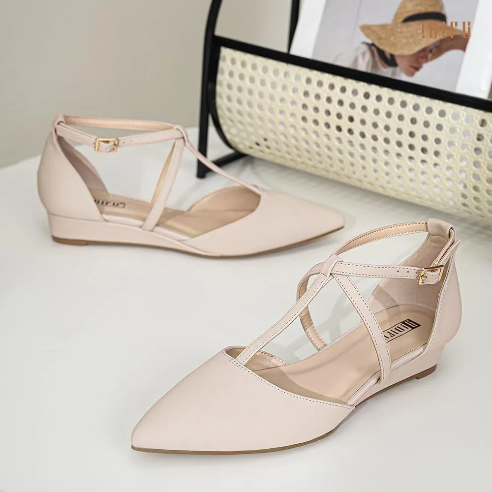IDIFU Strappy Flat Shoes Pointed Closed Toe Dress Shoes for Women Buckle Ankle T Strap Wedge Flats Wedding Bride Bridal Guest Business Casual Office Prom Dressy Comfortable Formal Women's Flats Shoes