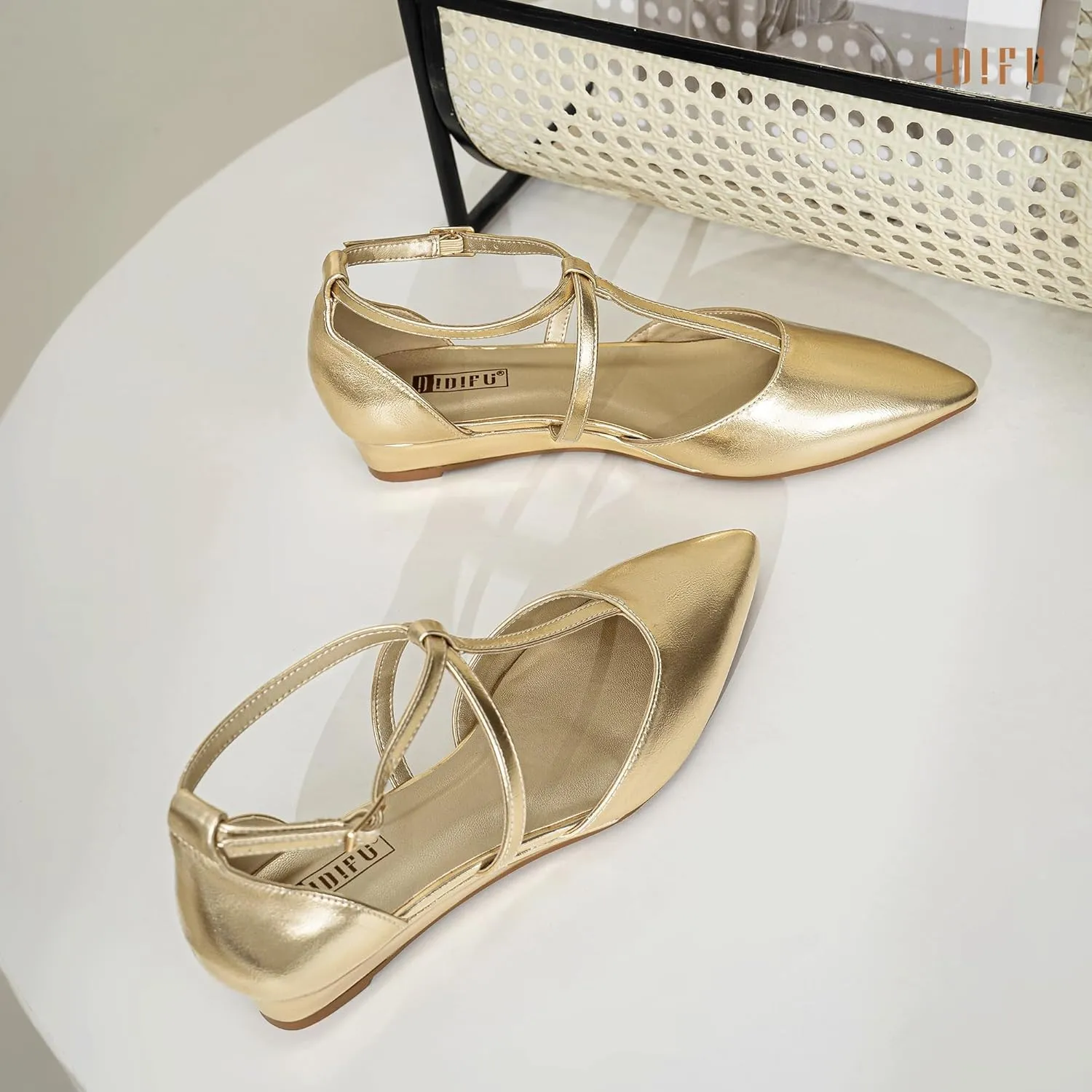 IDIFU Strappy Flat Shoes Pointed Closed Toe Dress Shoes for Women Buckle Ankle T Strap Wedge Flats Wedding Bride Bridal Guest Business Casual Office Prom Dressy Comfortable Formal Women's Flats Shoes